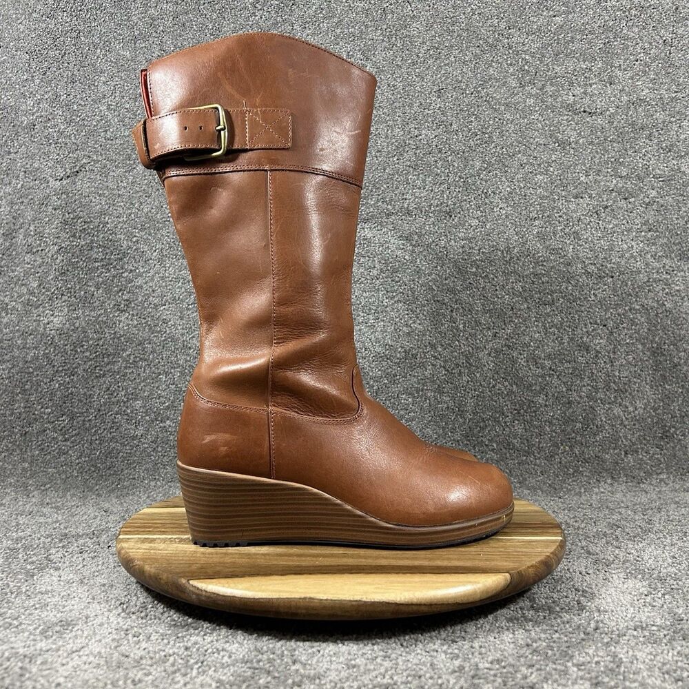 Crocs A-Leigh 14783 Women’s Size 7.5 Brown Leather Side Zip Mid-Calf Wedge Boots